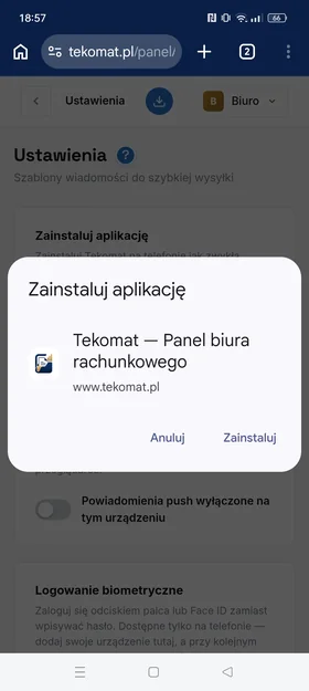 Komunikat przeglądarki z potwierdzeniem dodania aplikacji do ekranu głównego