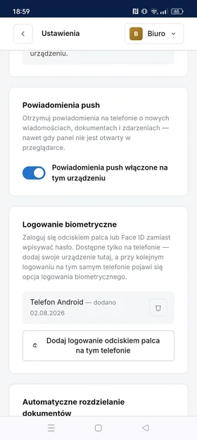 Włączanie powiadomień push i logowania biometrycznego w Ustawieniach panelu