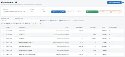Wyciąg bankowy z operacjami dopasowanymi do faktur zakupowych i sprzedażowych