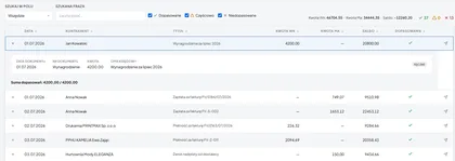 Rozwinięty szczegół dopasowania operacji bankowej do dokumentu, ze sposobem dopasowania