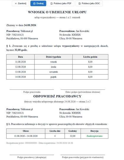 Wygenerowany wniosek o udzielenie urlopu wraz z odpowiedzią pracodawcy