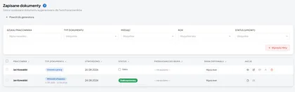 Lista zapisanych dokumentów pracowników, z filtrami i statusem