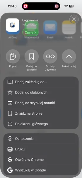 Rozwinięte menu udostępniania z opcją Do ekranu głównego
