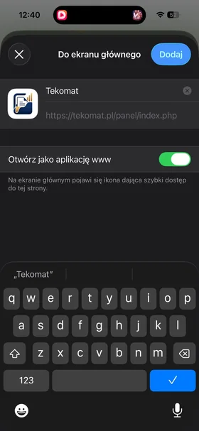 Potwierdzenie dodania aplikacji Tekomat do ekranu głównego