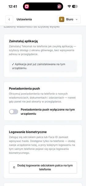 Ustawienia panelu — aplikacja zainstalowana, powiadomienia push i logowanie biometryczne