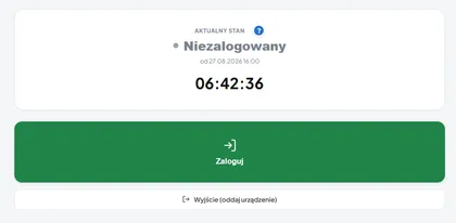 Widok pracownika — aktualny stan logowania i przycisk Zaloguj