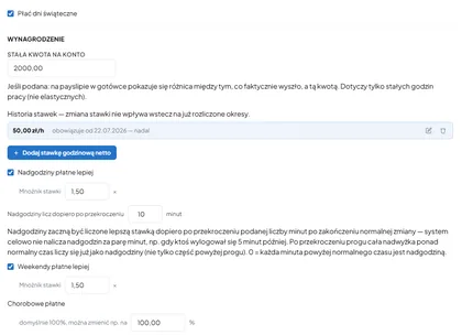 Ustawienia wynagrodzenia — stała kwota na konto, historia stawek godzinowych, nadgodziny i płatne weekendy