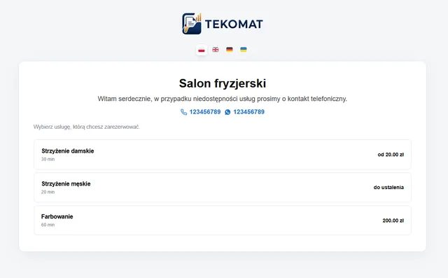 Publiczna strona rezerwacji online z listą usług